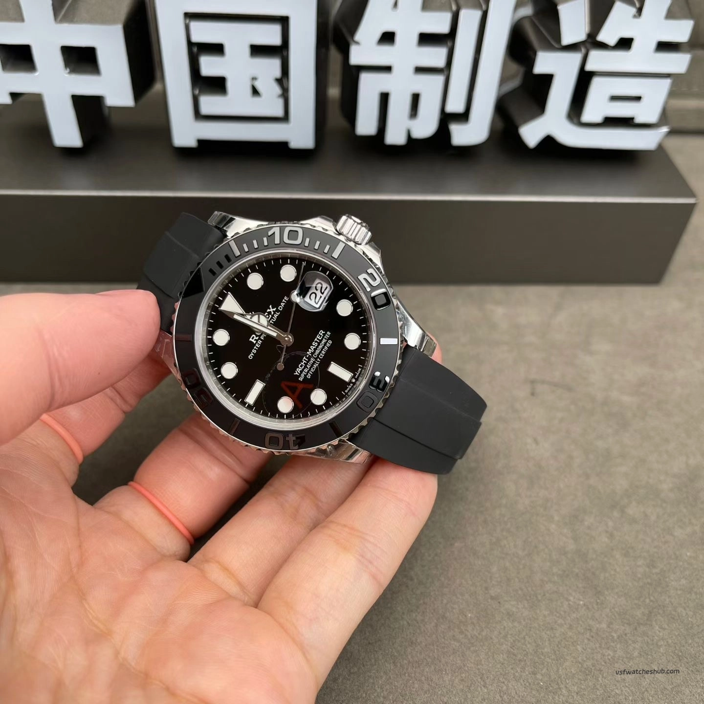 VSF Rolex 226659 black dial Oysterflex strap angled hand-held view