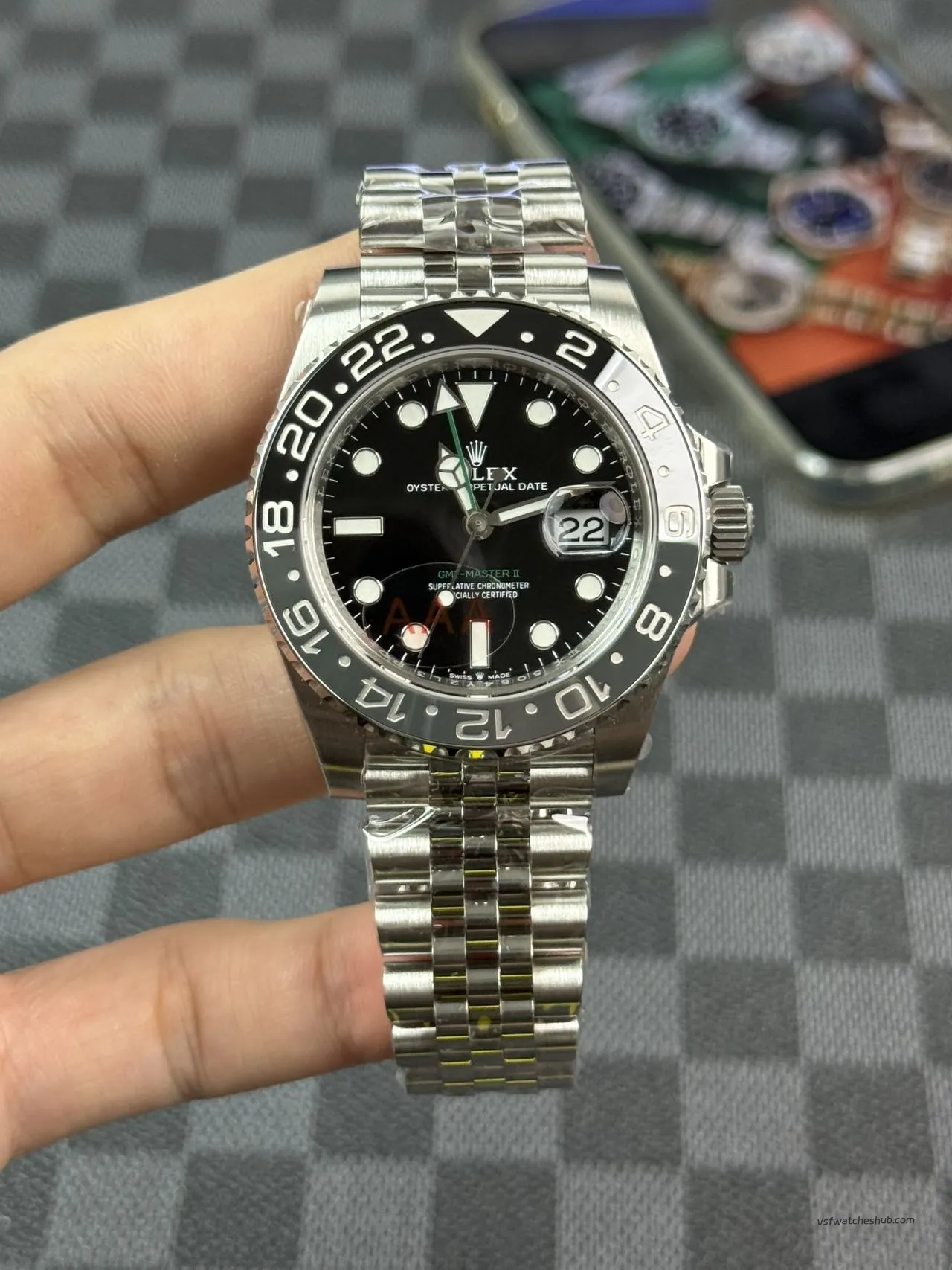 VSF GMT-Master II 126710GRNR grey black bezel on wrist