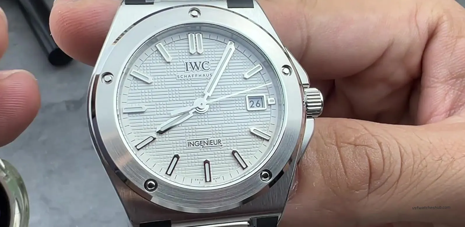 White Ingenieur dial showing metallic radiance under direct sunlight