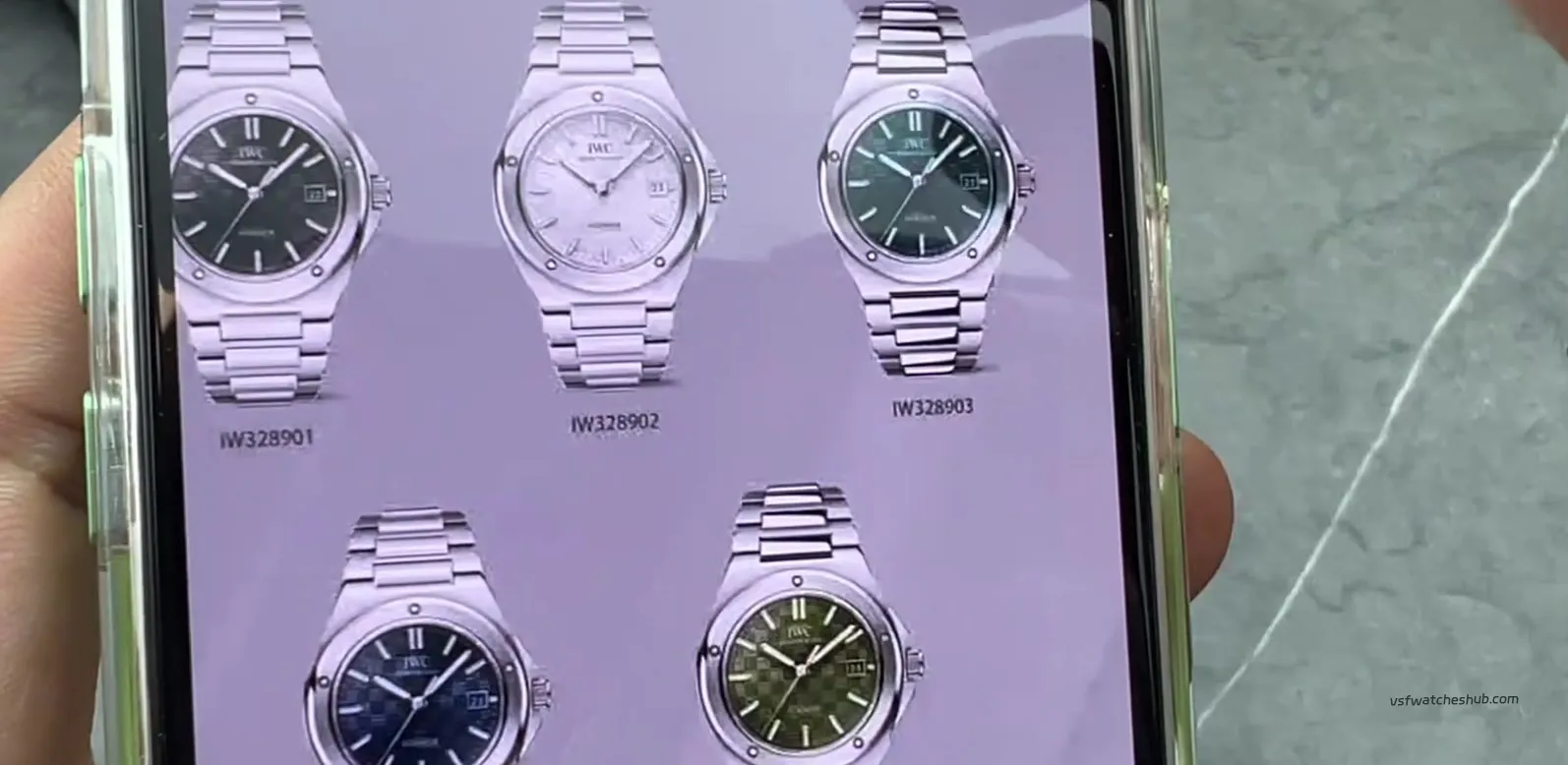 Five IWC Ingenieur dial colours lined up including avocado green